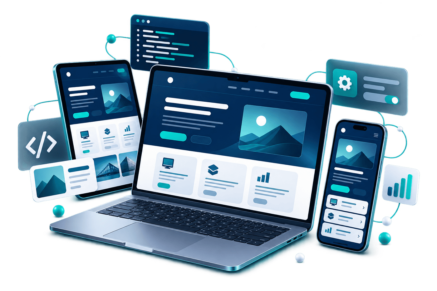 Responsive website design shown across laptop, tablet and mobile screens